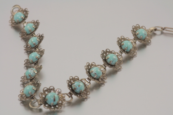 Vintage Silver Filigree and Turquoise Art Glass Necklace