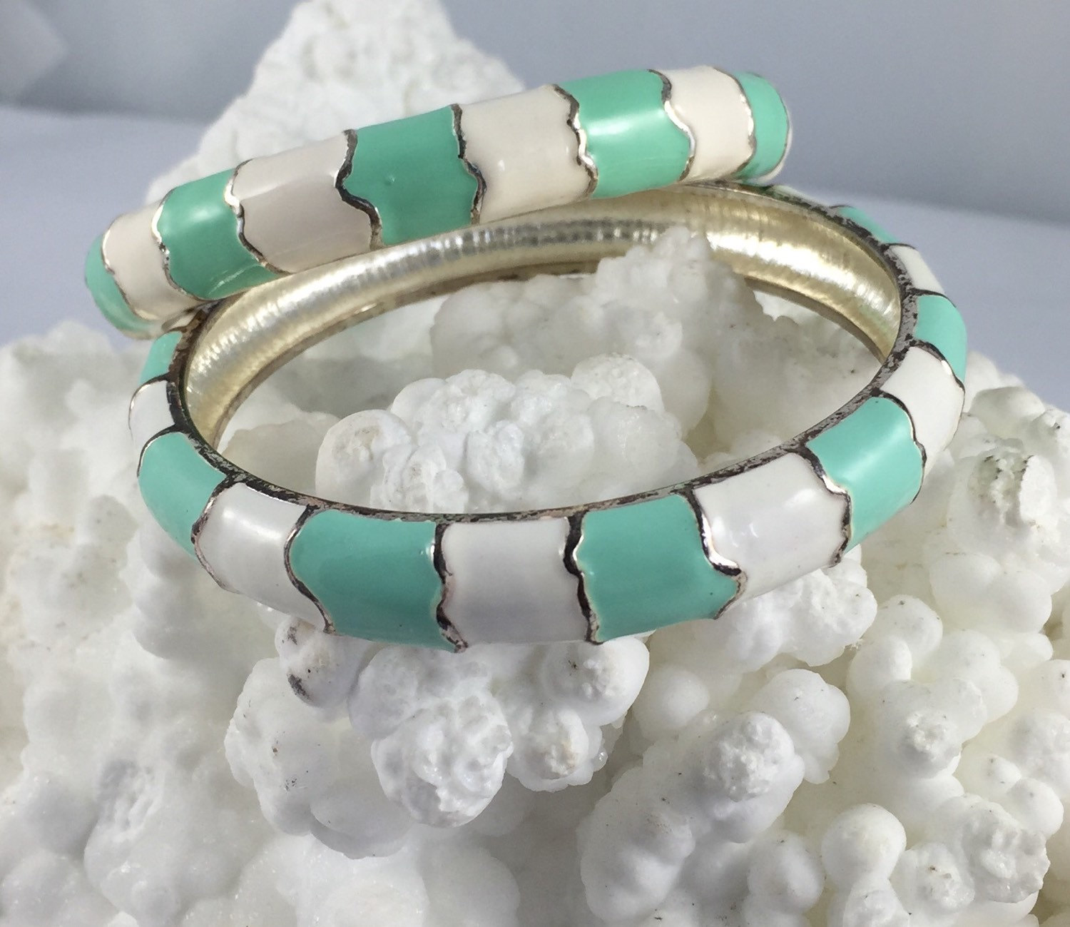 Vintage Pair of Aqua & White Enamel Bangle Bracelets
