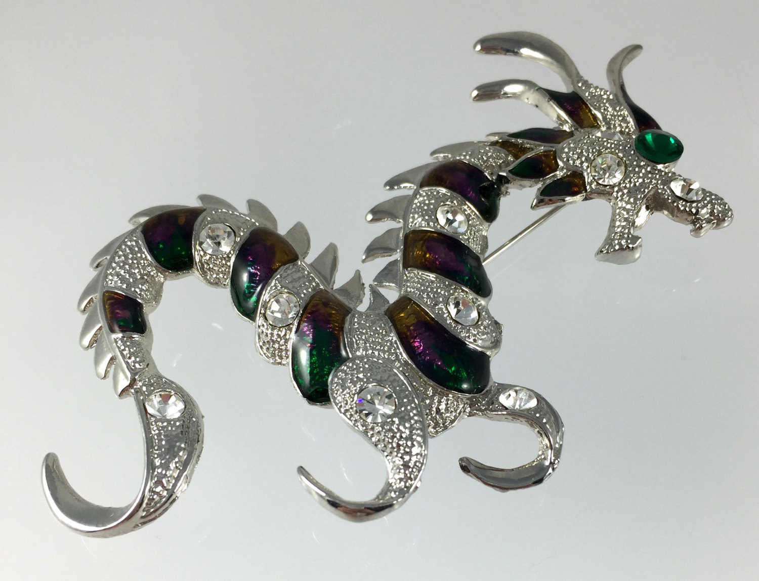 Enamel Rhinestone Silver Dragon Brooch Vintage 80s