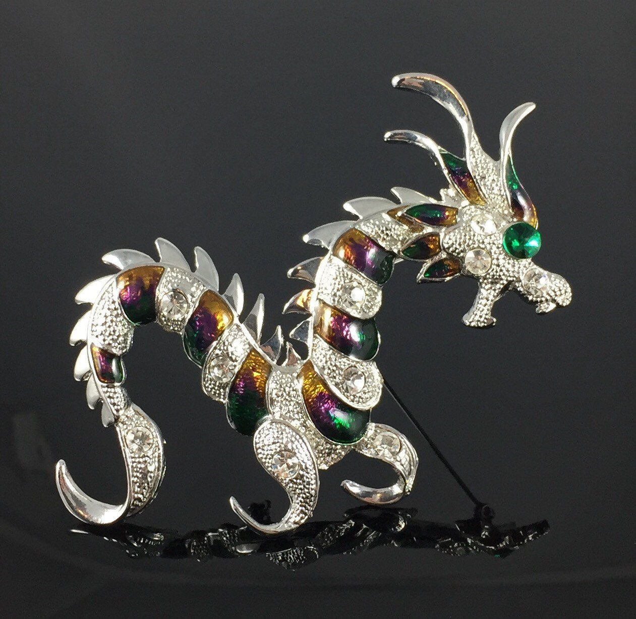 Enamel Rhinestone Silver Dragon Brooch Vintage 80s