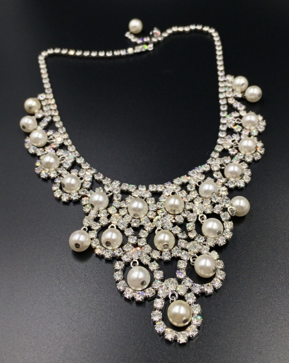 Pearl Rhinestone Bib Style Statement Necklace - Vintage 1960s, Bridal ...
