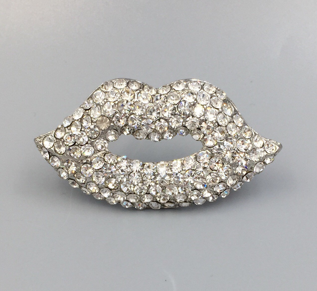 Rhinestone Hot Lips Brooch Kiss Smile Lips Mouth Kitschy Funky Fun Brooch 