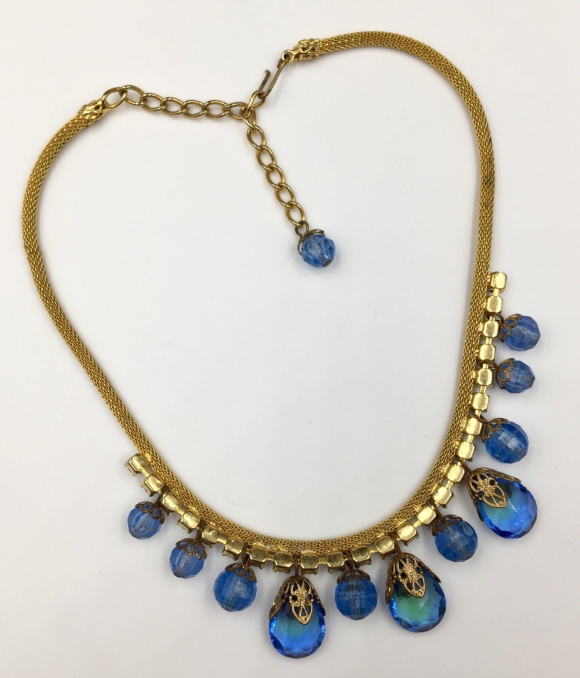 Delizza & Elster Gold Mesh Chain Blue Drops Dangle Necklace - Vintage 1970s