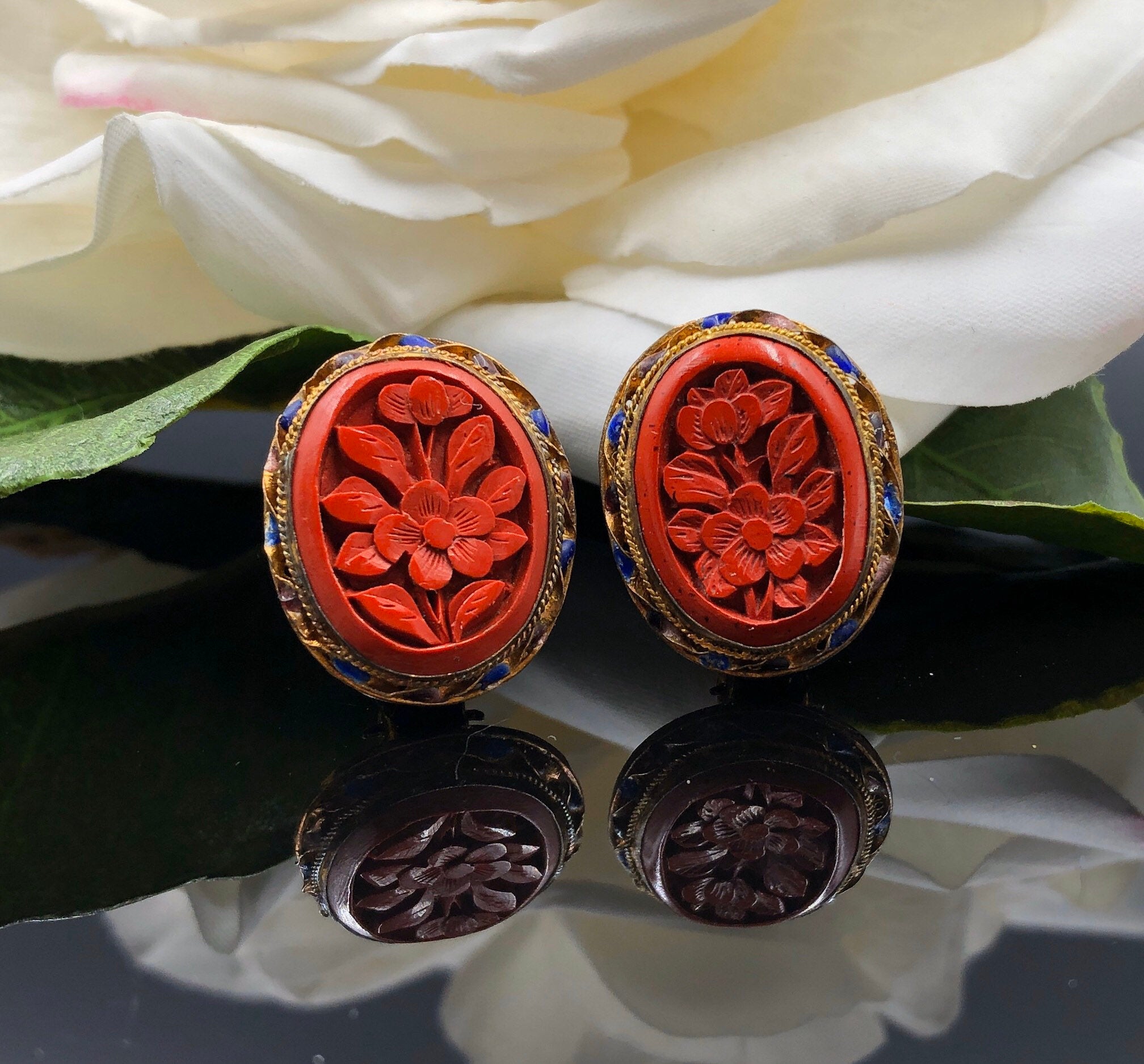 Carved Red Cinnabar Clip On Earrings, Early Chinese Export Cinnabar ...