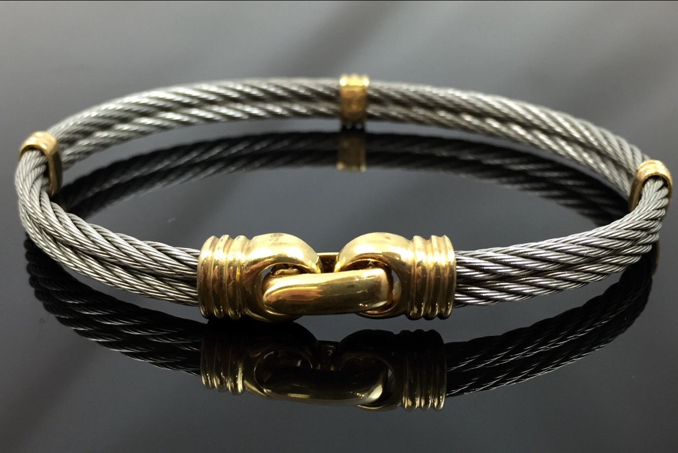 18K Gold Stainless Steel Double Cable Bracelet Vintage 1980s Italy