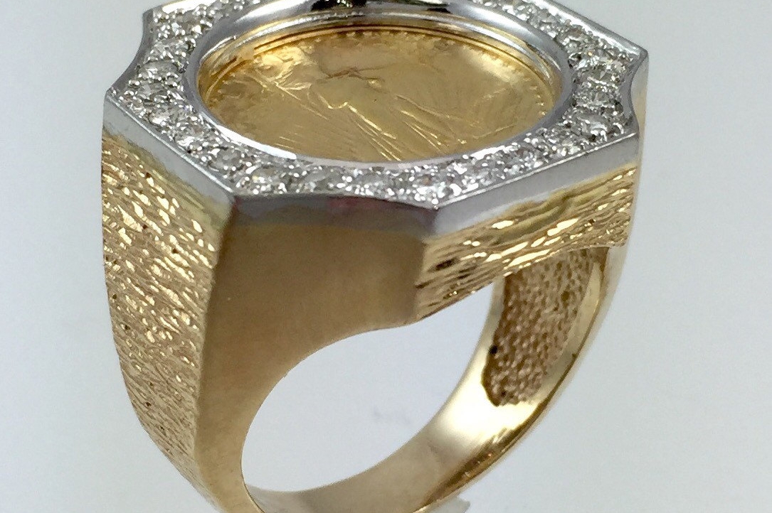 Men's 14K Gold Coin Diamond Ring US 1986 Five Dollar Fine Gold Coin