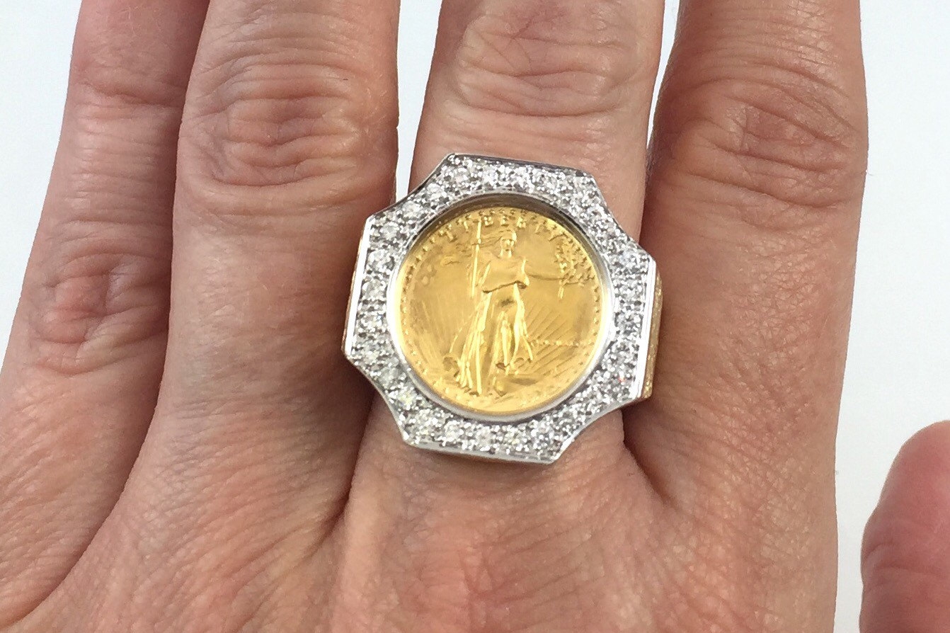 Men's 14K Gold Coin Diamond Ring US 1986 Five Dollar Fine Gold Coin