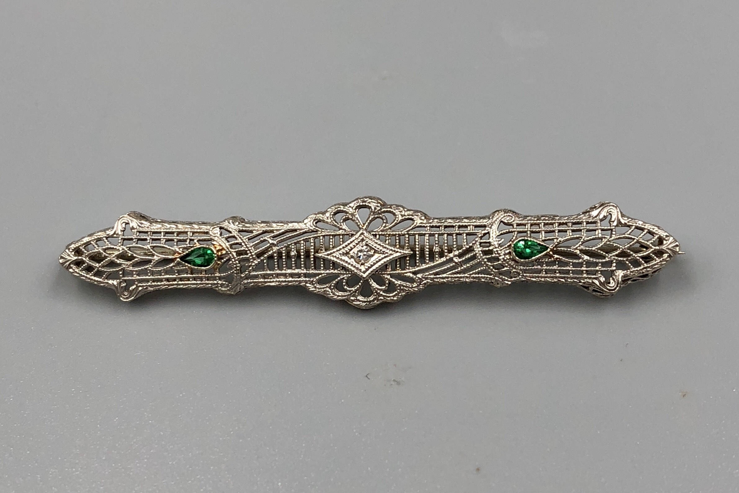 Edwardian 14K White Gold Diamond Filigree Bar Pin - Vintage 1900s Art ...